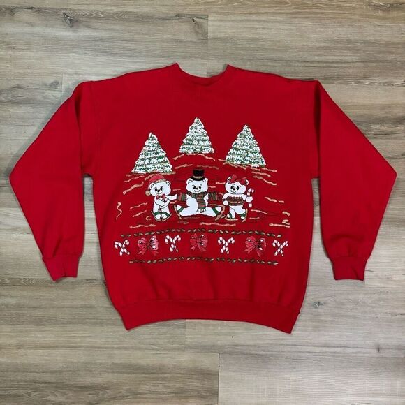 Vintage Hanes L Iceskating Christmas Bears Crewneck Sweatshirt Red Winter Retro - Picture 1 of 4